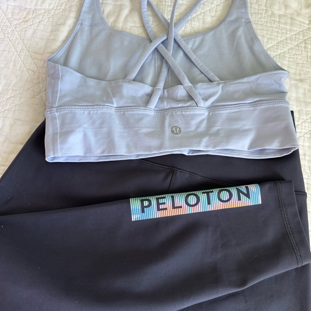 Lululemon Light Blue Sports Bra and Peloton Blue Cadent Leggings